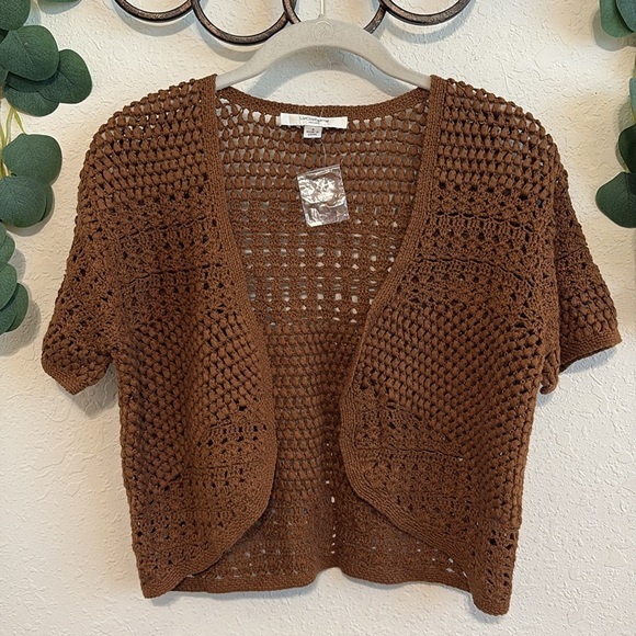 American Vintage Sweaters - Vintage 90s/Y2K NWT Brown Crochet Cropped Cardigan Top✨